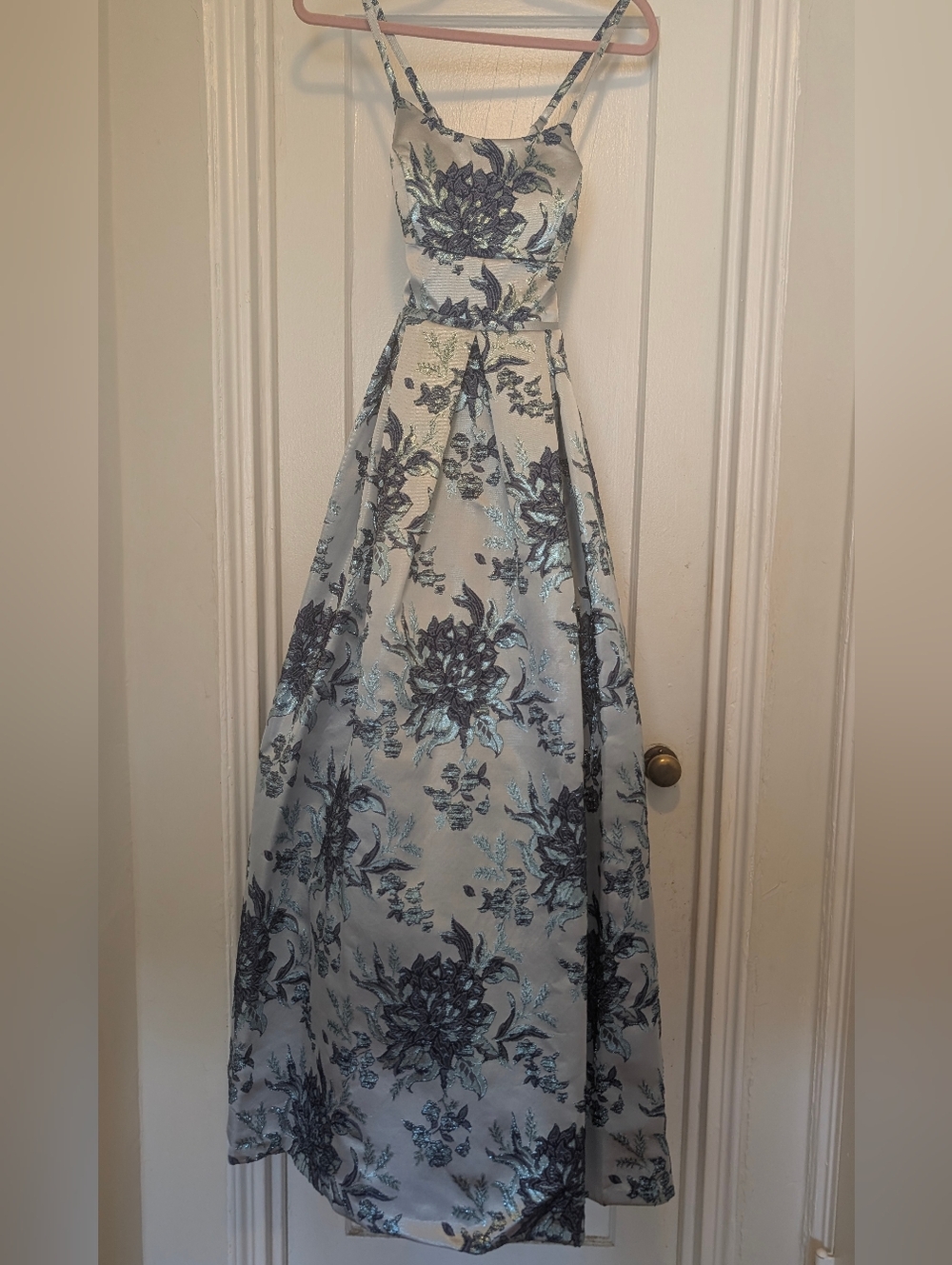Morgan & Co. Blue Prom Dress with Metallic Floral Detail
